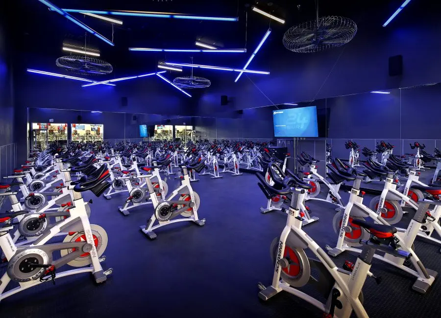 Indoor cycling studio with integrated lighting