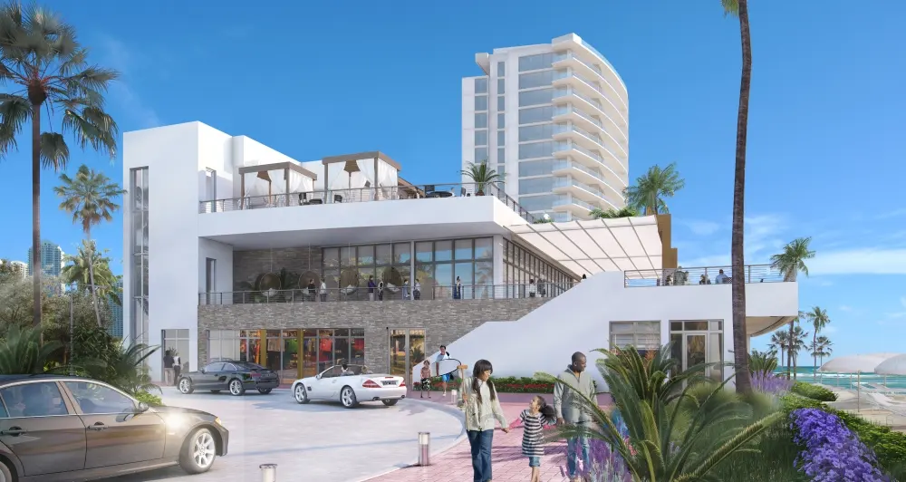 Design rendering of the Beach Club pool and outdoor guest area