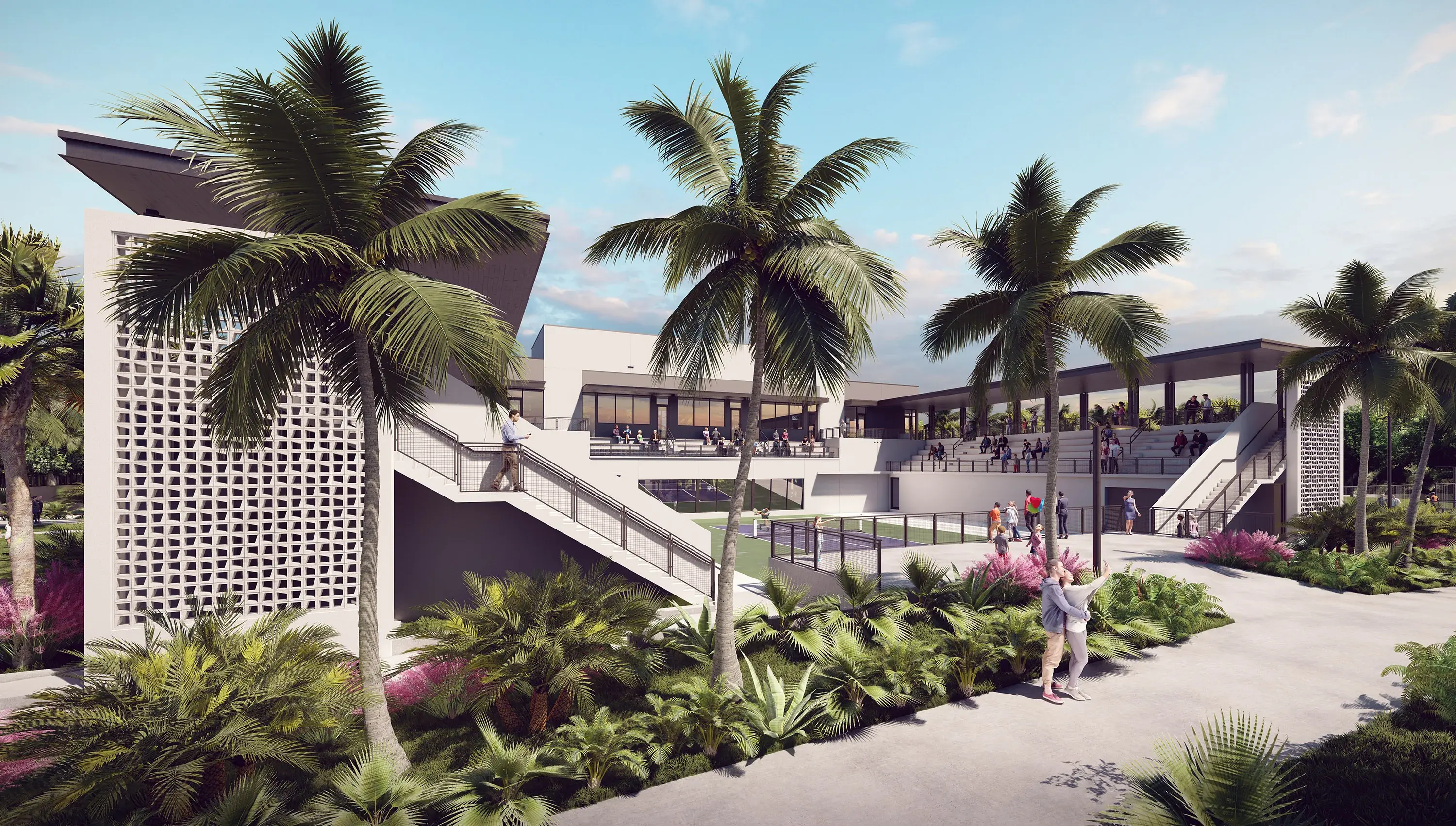 Design rendering of The Fort Pickleball clubhouse and courts