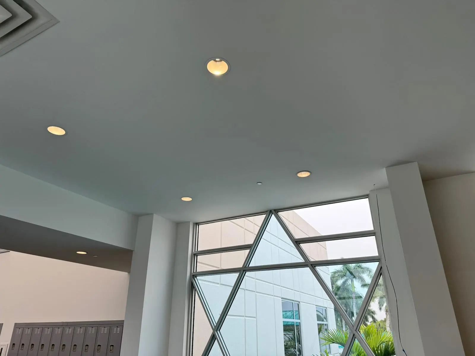 Geometric window framing and interior ceiling at Katz Hillel School