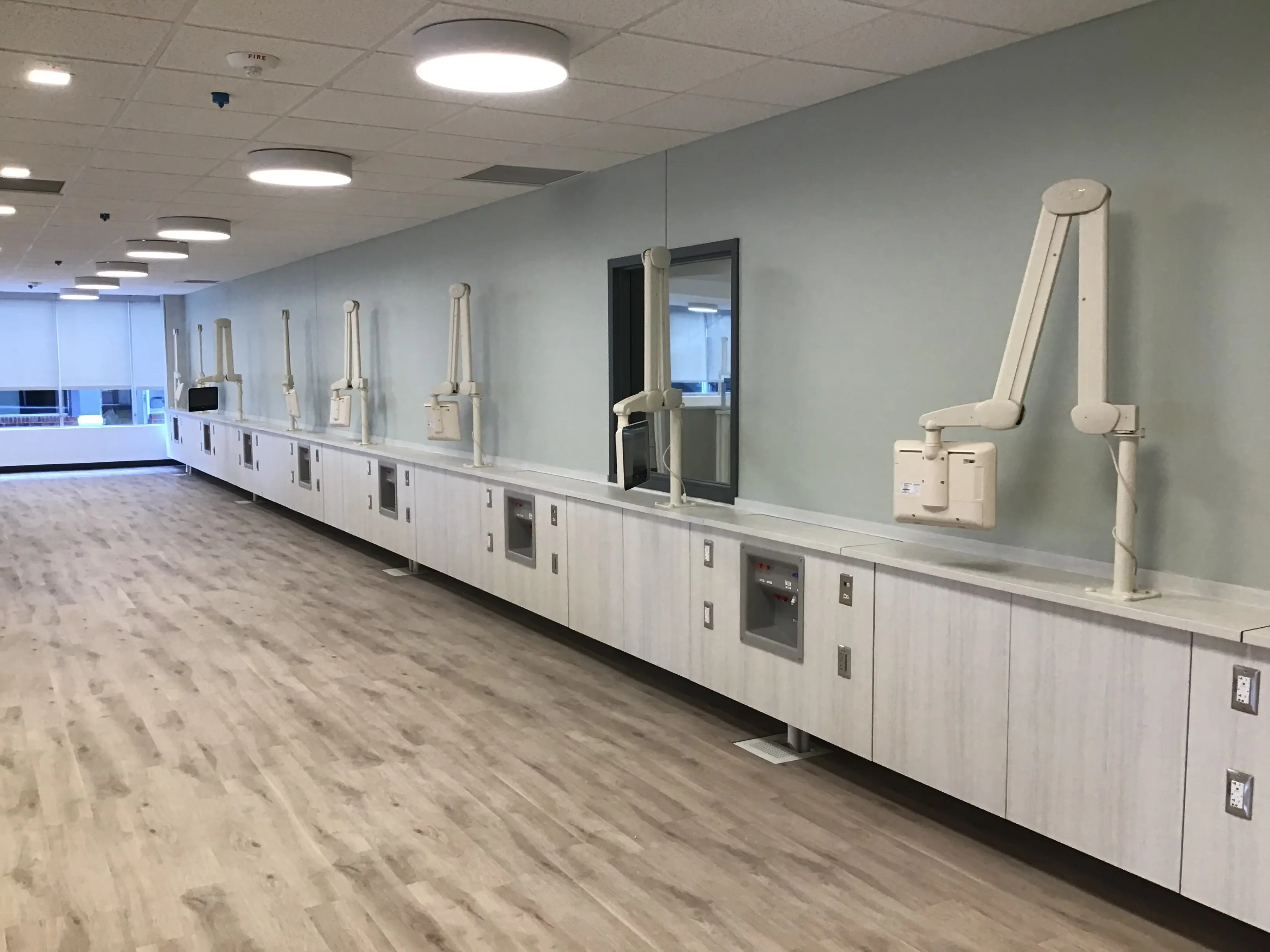 Wall-mounted service arms and continuous casework along a Pure Life work counter