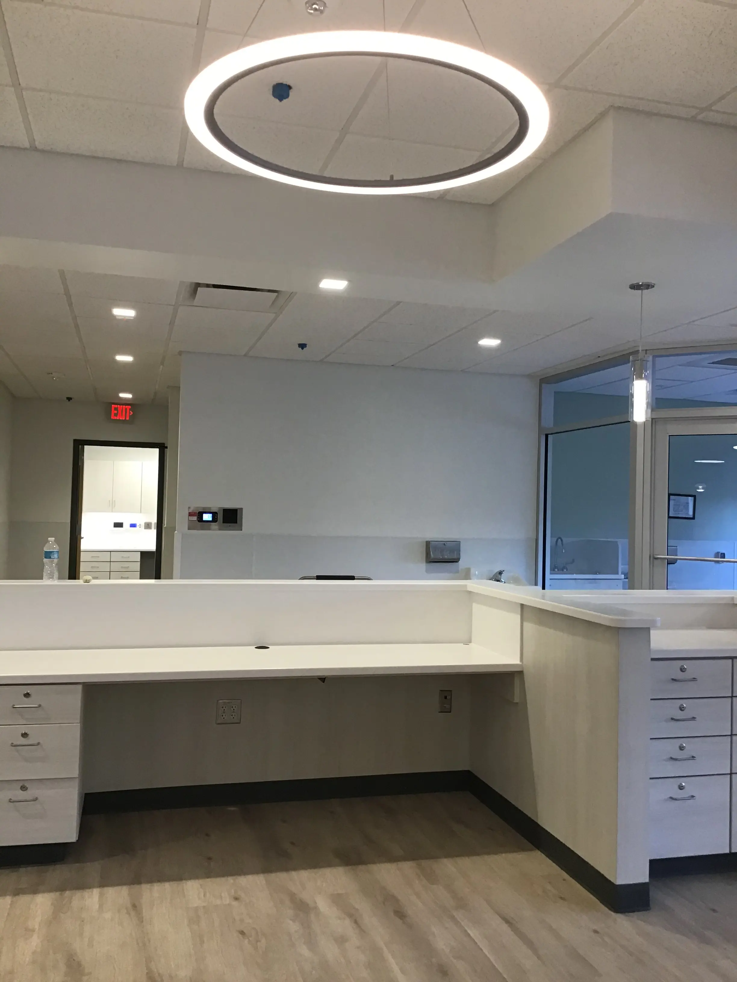Reception desk and circular lighting in the completed Pure Life interior