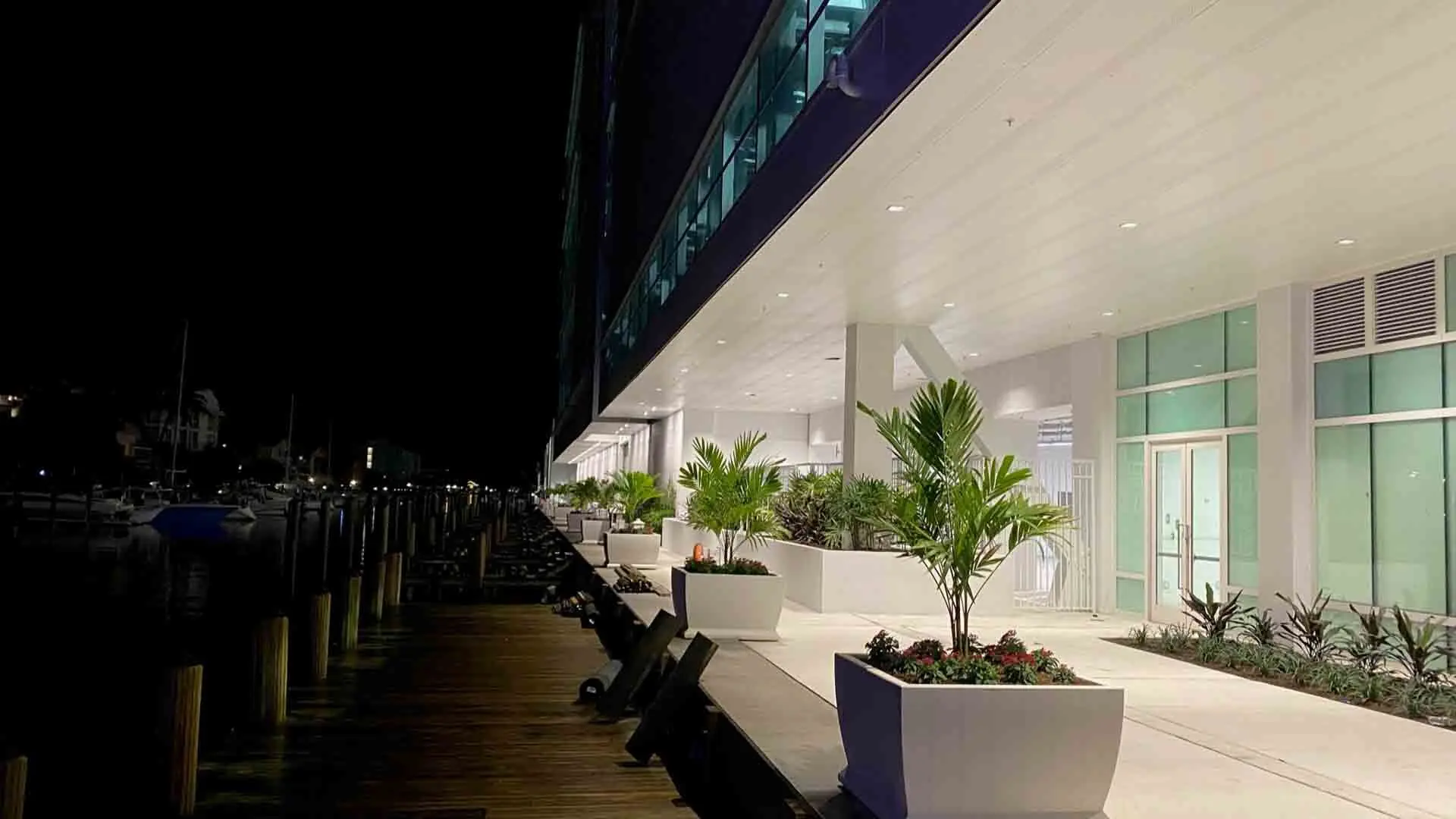 F3 Marina exterior illuminated at night