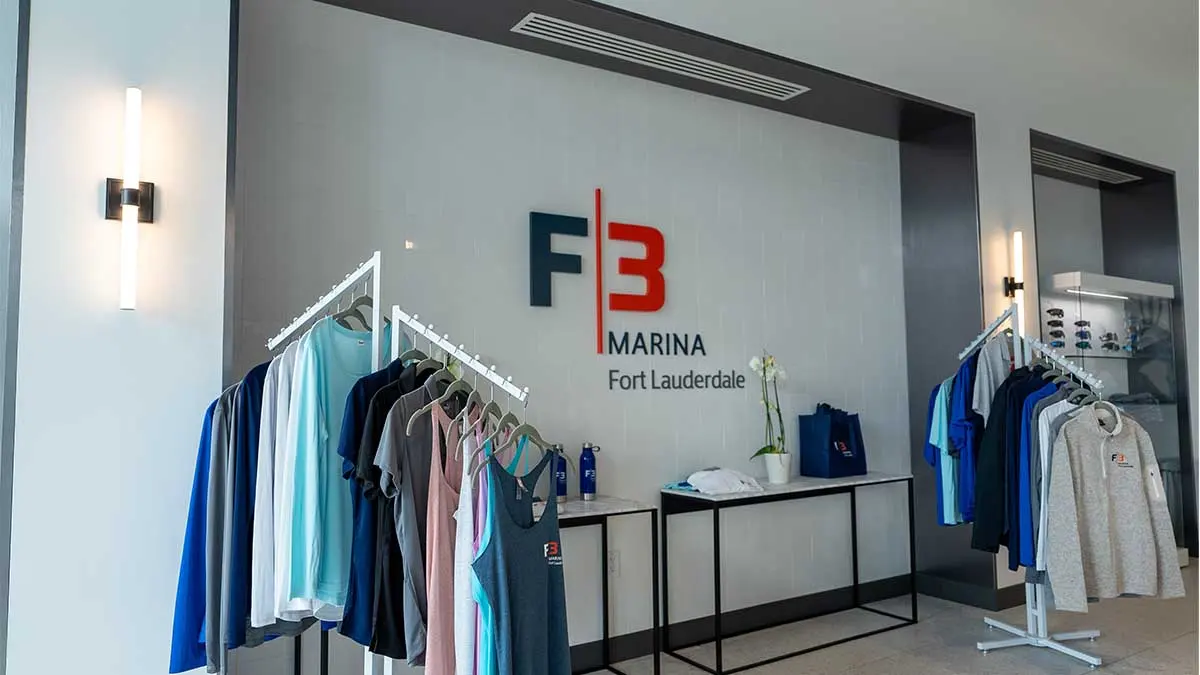 Retail display and branded interior wall at F3 Marina