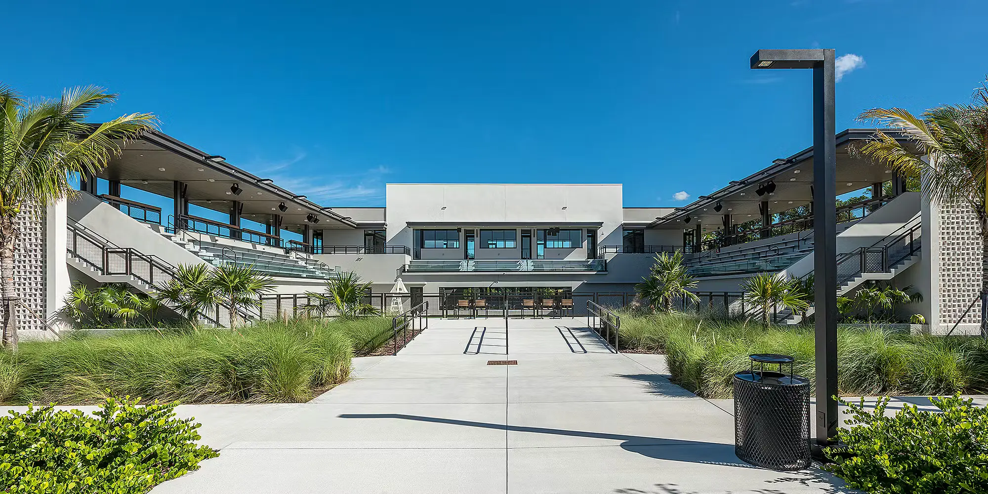 Exterior seating and architectural spaces at The Fort Pickleball