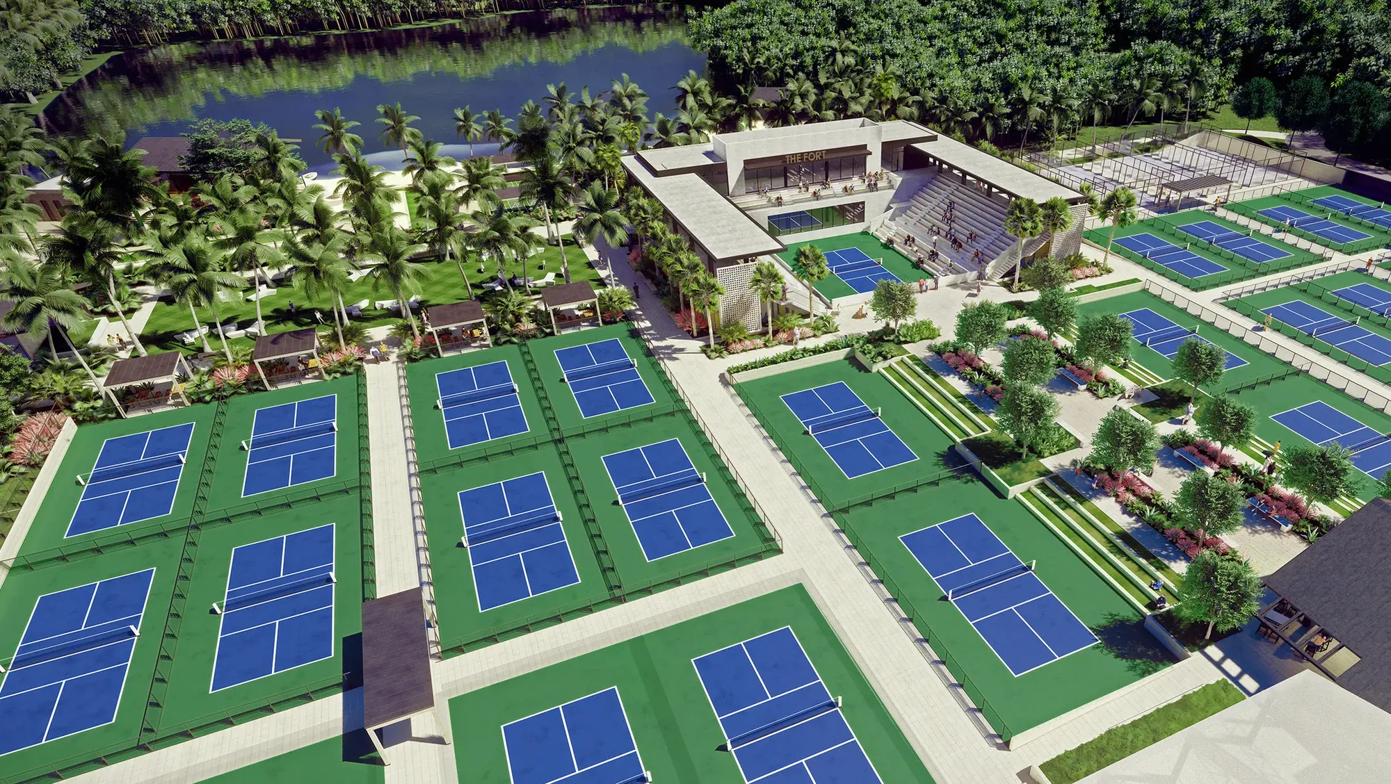 Multiple pickleball courts at The Fort Pickleball